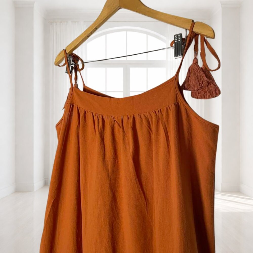 Rust Orange Boho Dress XL Crochet Detail Tassel Tie Straps Ruffle Hem - Picture 5 of 9